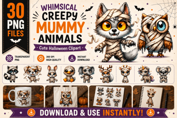 Download 30Watercolor Creepy Mummy Animal Clipart - Mummy Collection