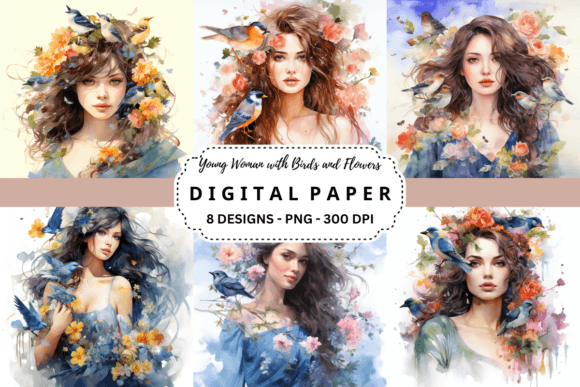 Download Young Woman with Birds and Flowers - Young Collection